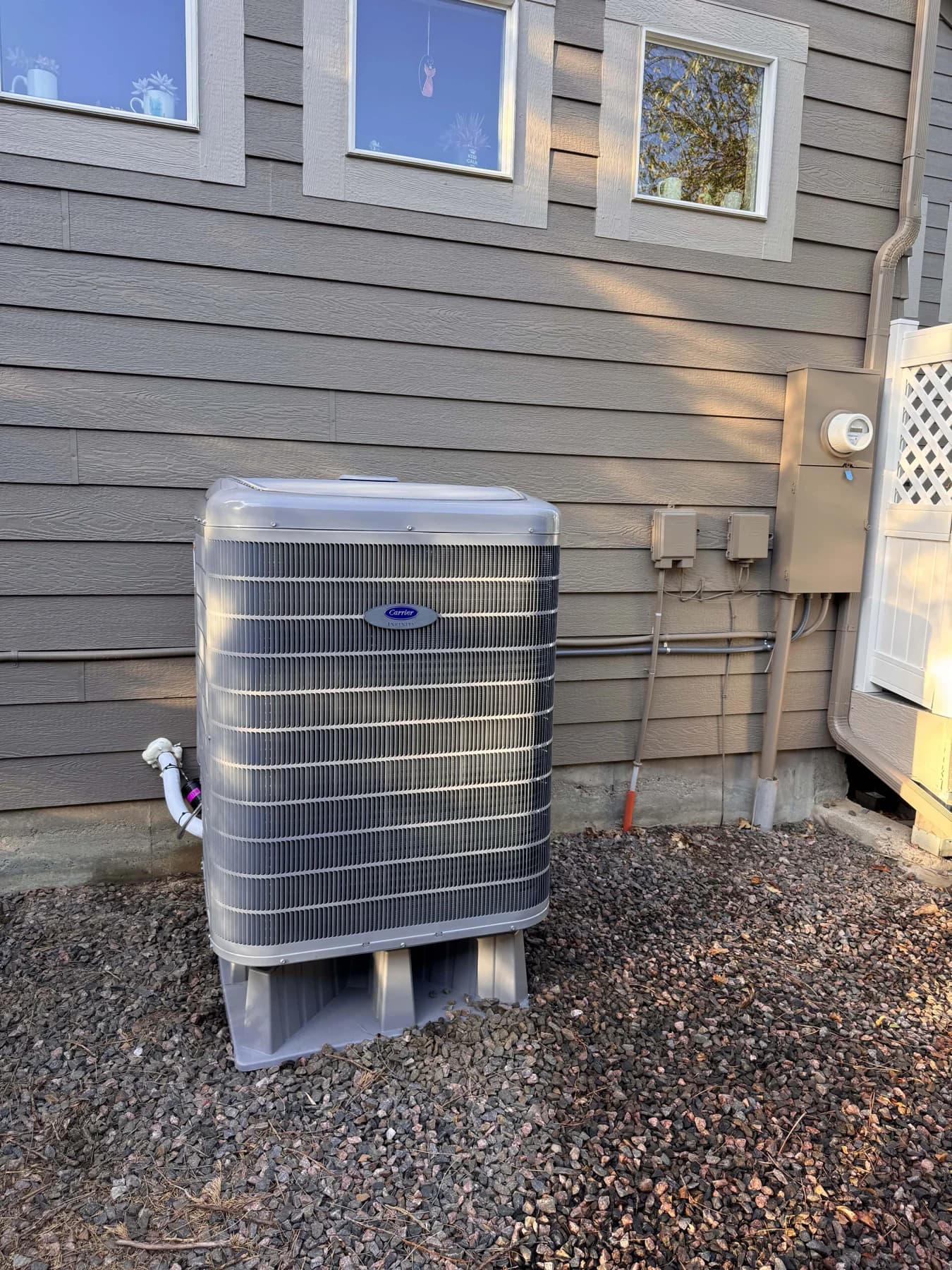 carrier outdoor condenser gray siding blue windows